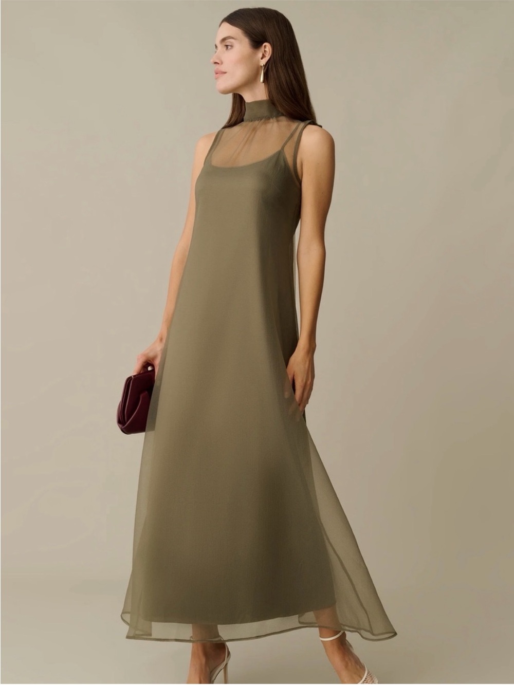 CAARA Alette Organza Maxi Dress  Sleeveless High-Neck Back Bow in Grey Moss NEW - Picture 7 of 14